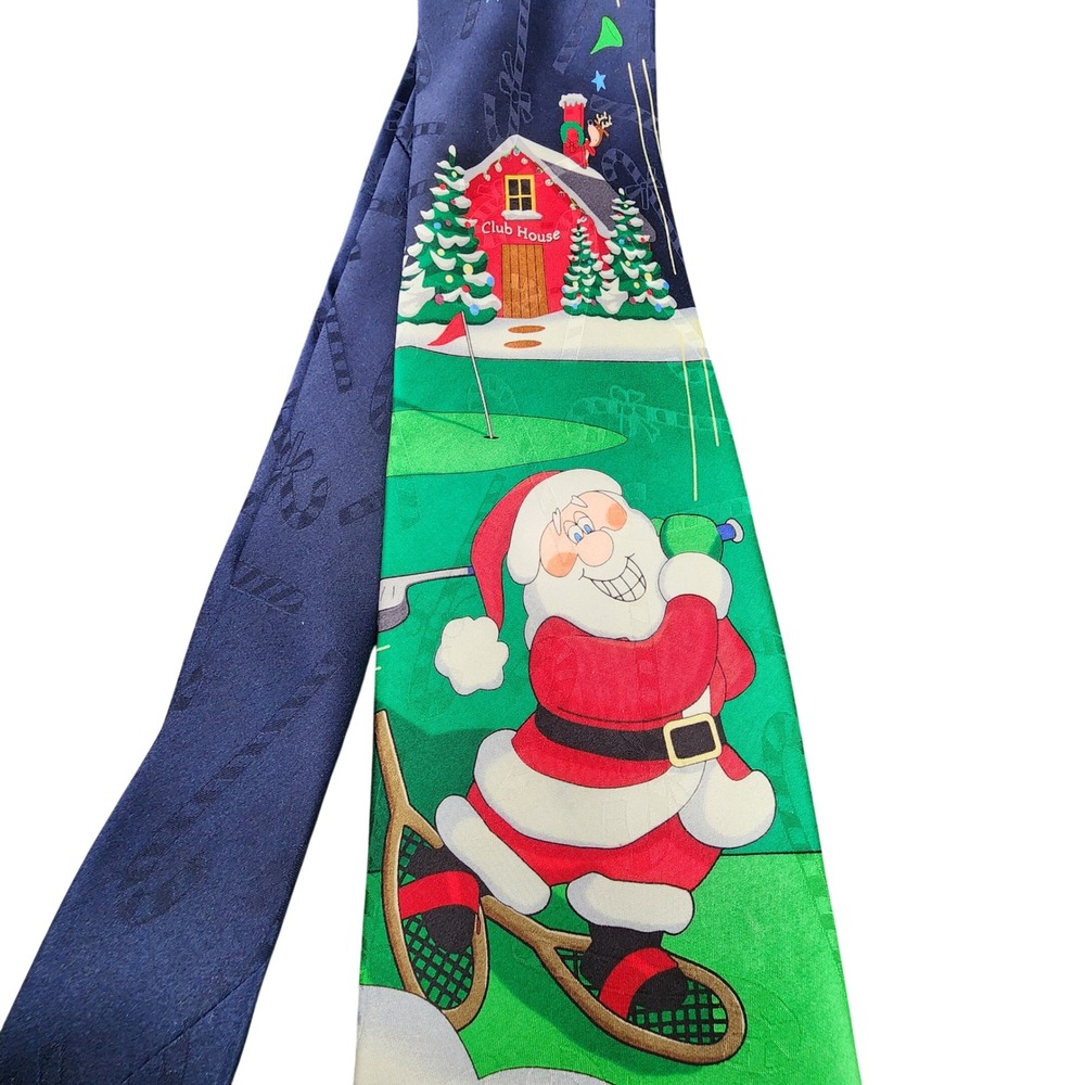 Hallmark Yule Tie Greetings Blue Silk Santa Golf Christmas Holiday Novelty Tie